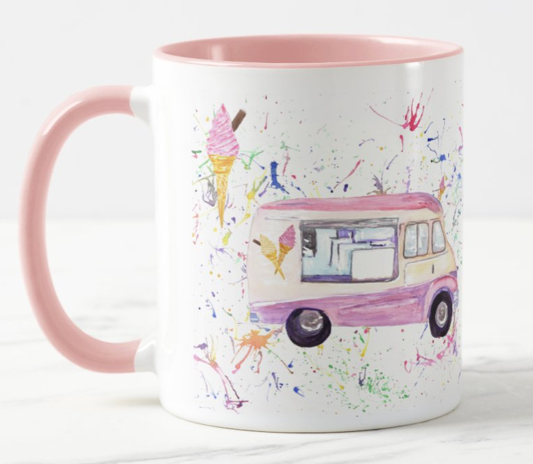 Ice Cream Van Beach Hut Seaside summer Holiday  Watercolour Rainbow Art Coloured Mug Cup