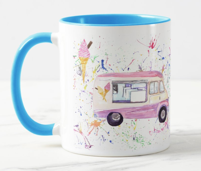 Ice Cream Van Beach Hut Seaside summer Holiday  Watercolour Rainbow Art Coloured Mug Cup