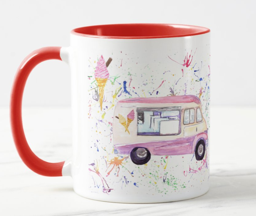 Ice Cream Van Beach Hut Seaside summer Holiday  Watercolour Rainbow Art Coloured Mug Cup