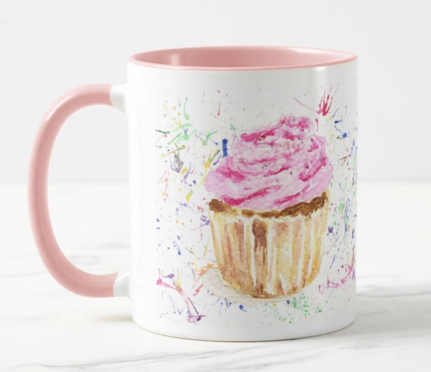 Cupcake Cake Pink Kitchen Cook Bake Muffin Watercolour Rainbow Art Coloured Mug Cup