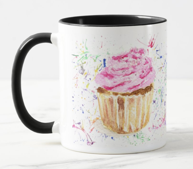 Cupcake Cake Pink Kitchen Cook Bake Muffin Watercolour Rainbow Art Coloured Mug Cup