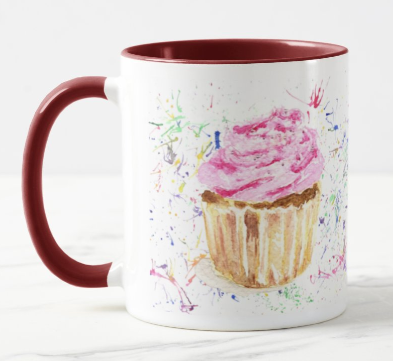 Cupcake Cake Pink Kitchen Cook Bake Muffin Watercolour Rainbow Art Coloured Mug Cup