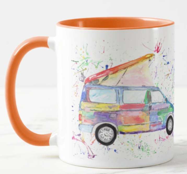 Campervan Bongo Camping Camper Car Watercolour Rainbow Art Coloured Mug Cup