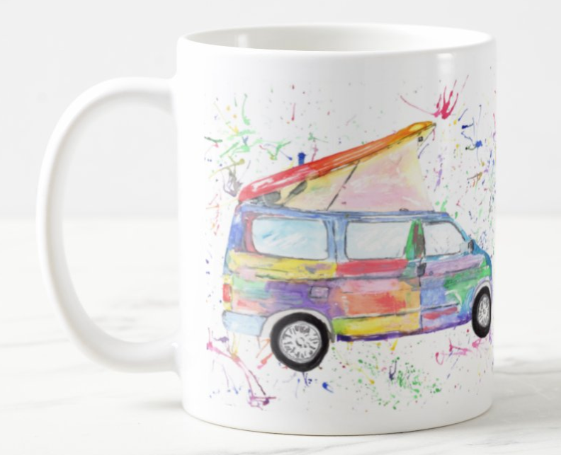 Campervan Bongo Camping Camper Car Watercolour Rainbow Art Coloured Mug Cup