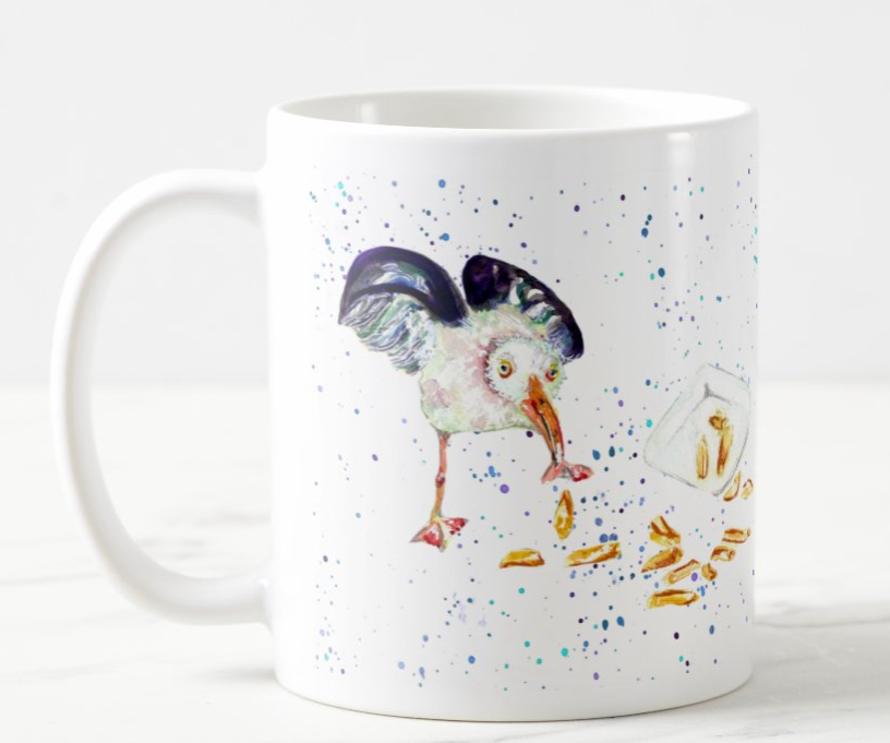 Seagull Eating Chips Beach Seafront Bird Animal Watercolour Rainbow Art Coloured Mug Cup