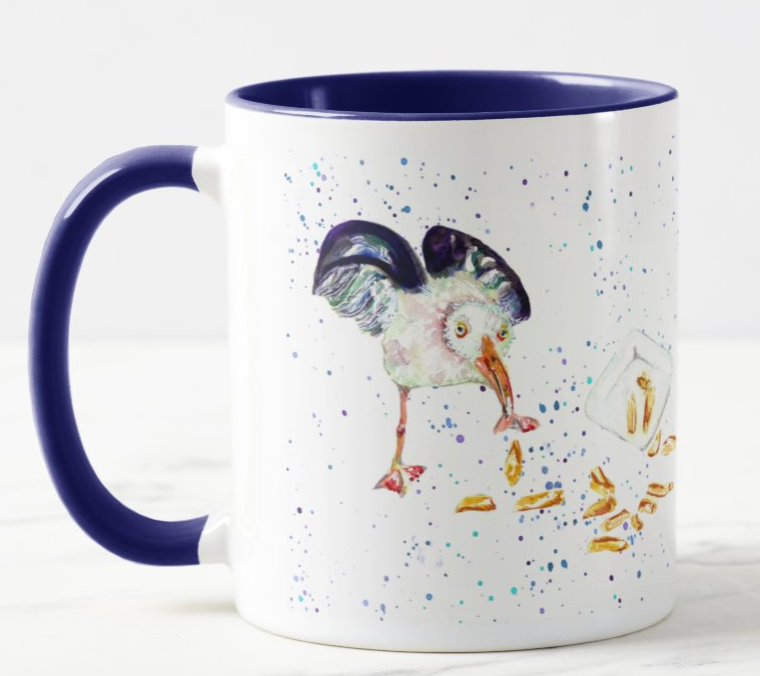 Seagull Eating Chips Beach Seafront Bird Animal Watercolour Rainbow Art Coloured Mug Cup