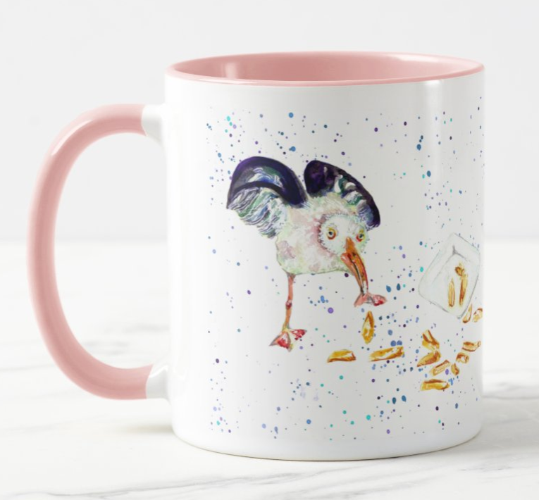 Seagull Eating Chips Beach Seafront Bird Animal Watercolour Rainbow Art Coloured Mug Cup