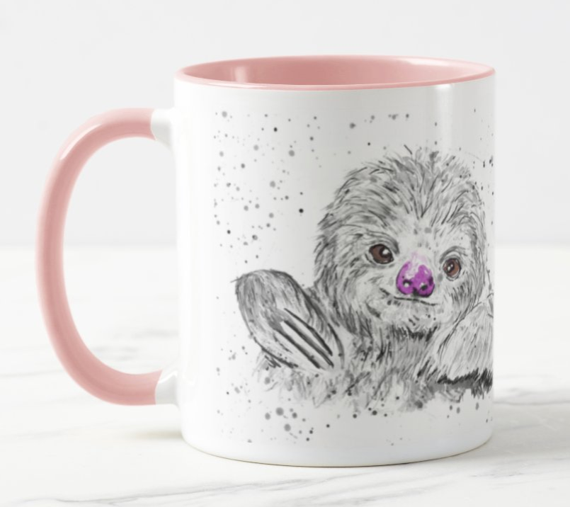 Sloth Black and White Animal Watercolour Rainbow Art Coloured Mug Cup