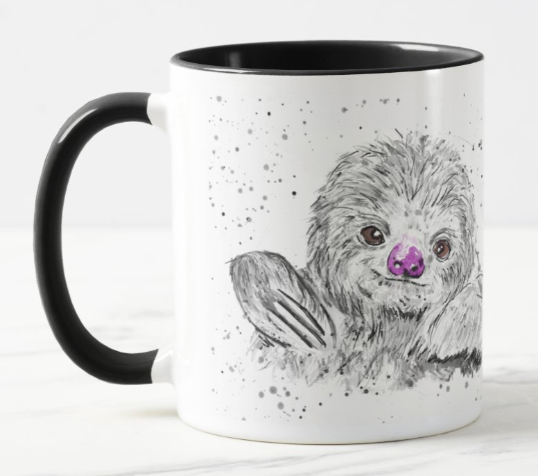 Sloth Black and White Animal Watercolour Rainbow Art Coloured Mug Cup