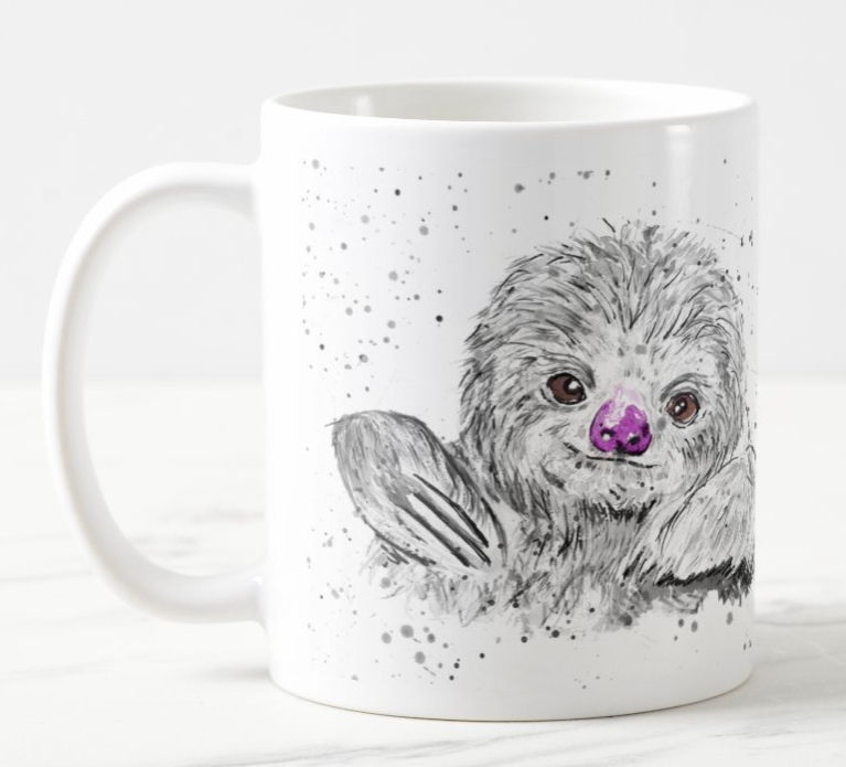 Sloth Black and White Animal Watercolour Rainbow Art Coloured Mug Cup