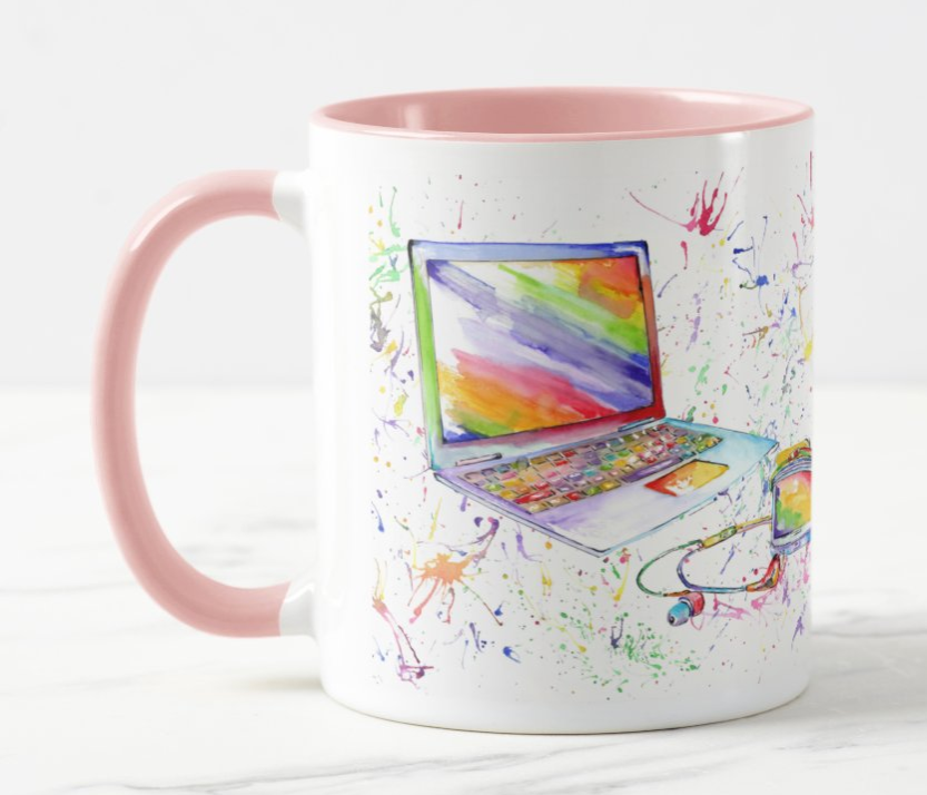 Techie Laptop Phone PC Computer Watercolour Rainbow Art Coloured Mug Cup