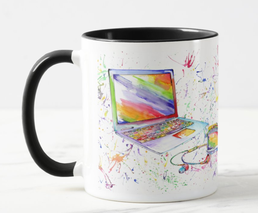 Techie Laptop Phone PC Computer Watercolour Rainbow Art Coloured Mug Cup