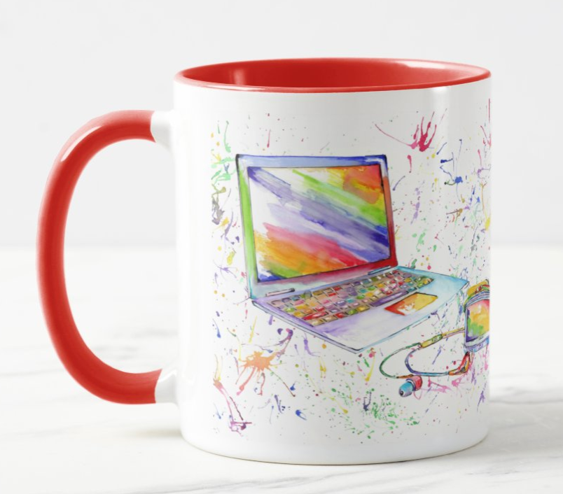 Techie Laptop Phone PC Computer Watercolour Rainbow Art Coloured Mug Cup