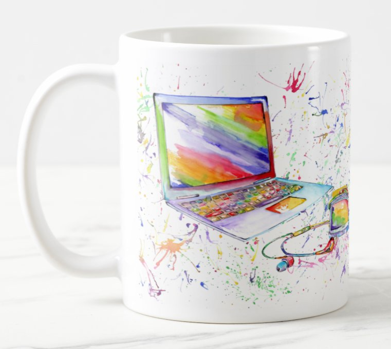 Techie Laptop Phone PC Computer Watercolour Rainbow Art Coloured Mug Cup