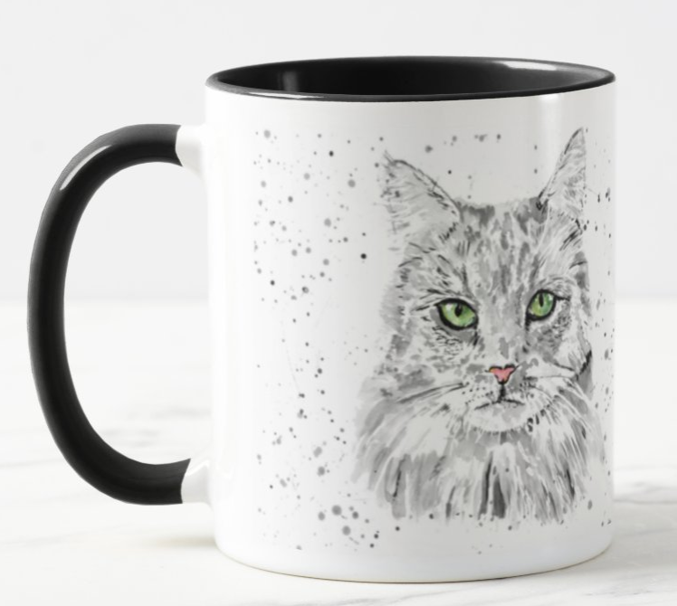 Cat Feline Black and White Kitten Pet Animal Watercolour Rainbow Art Coloured Mug Cup