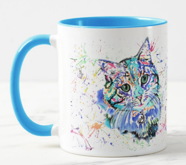 Cat Blue Kitten Feline Animal Watercolour Rainbow Art Coloured Mug Cup