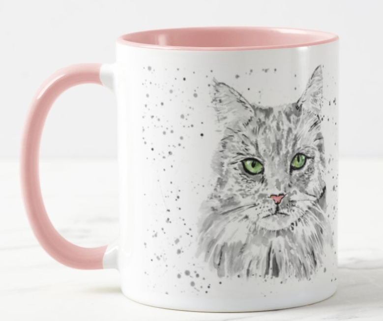 Cat Feline Black and White Kitten Pet Animal Watercolour Rainbow Art Coloured Mug Cup