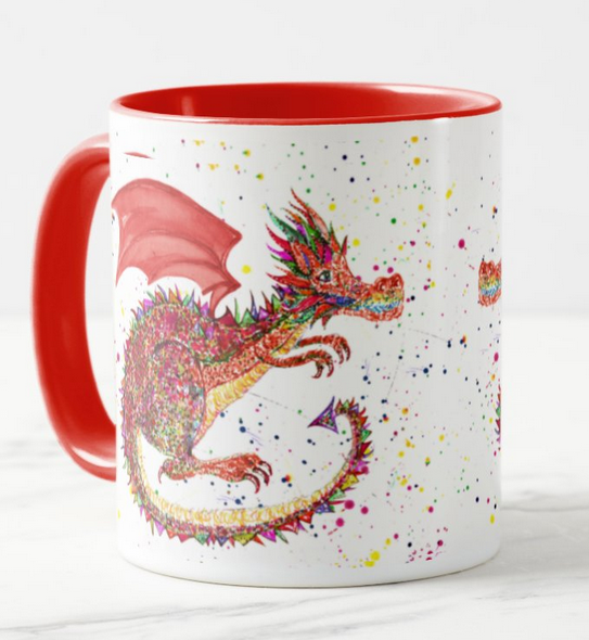 Dragon Red Repile Lizard Watercolour Rainbow Art Coloured Mug Cup