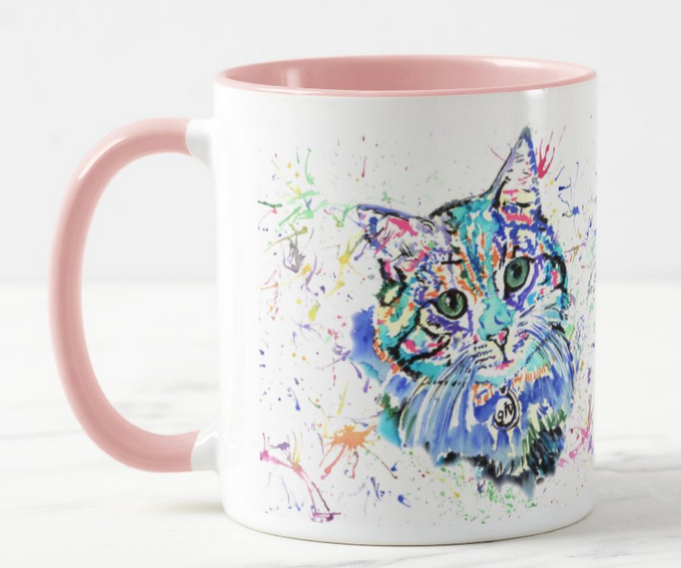 Cat Blue Kitten Feline Animal Watercolour Rainbow Art Coloured Mug Cup