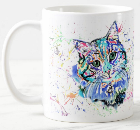 Cat Blue Kitten Feline Animal Watercolour Rainbow Art Coloured Mug Cup