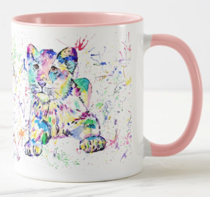 Lion Cub Big Cat Safari Animals Watercolour Art Coloured Mug Cup