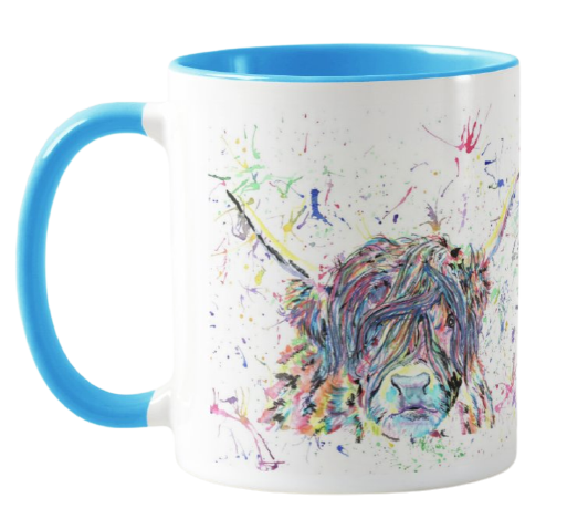 Highland Cow Scottish Farm Animal Watercolour Rainbow Art Coloured Mug Cup