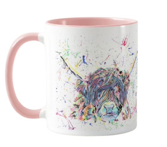 Highland Cow Scottish Farm Animal Watercolour Rainbow Art Coloured Mug Cup