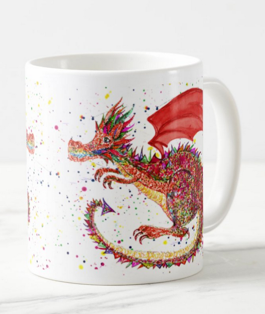 Dragon Red Repile Lizard Watercolour Rainbow Art Coloured Mug Cup