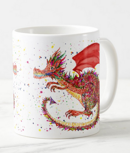 Dragon Red Repile Lizard Watercolour Rainbow Art Coloured Mug Cup