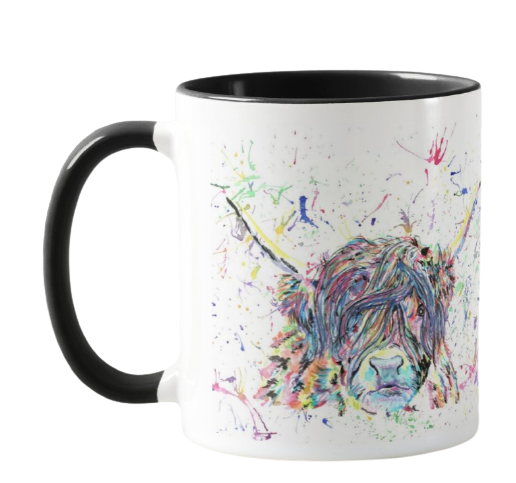 Highland Cow Scottish Farm Animal Watercolour Rainbow Art Coloured Mug Cup