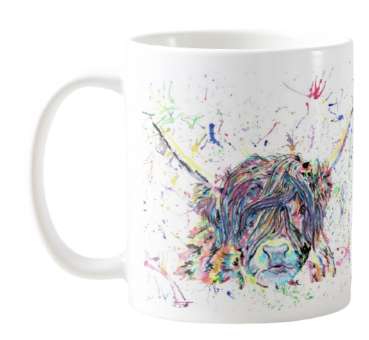 Highland Cow Scottish Farm Animal Watercolour Rainbow Art Coloured Mug Cup