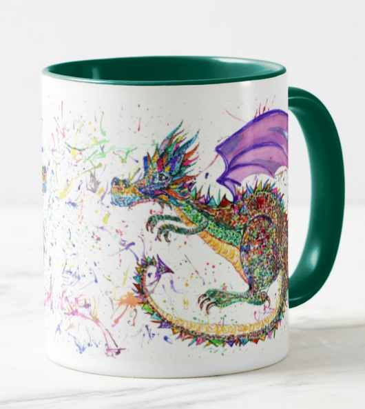 Dragon Green Repile Lizard Watercolour Rainbow Art Coloured Mug Cup