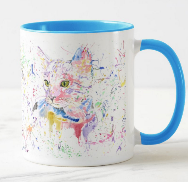 Kitten Pink Cat Feline Animal Watercolour Rainbow Art Coloured Mug Cup