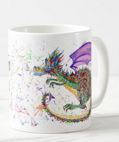 Dragon Green Repile Lizard Watercolour Rainbow Art Coloured Mug Cup