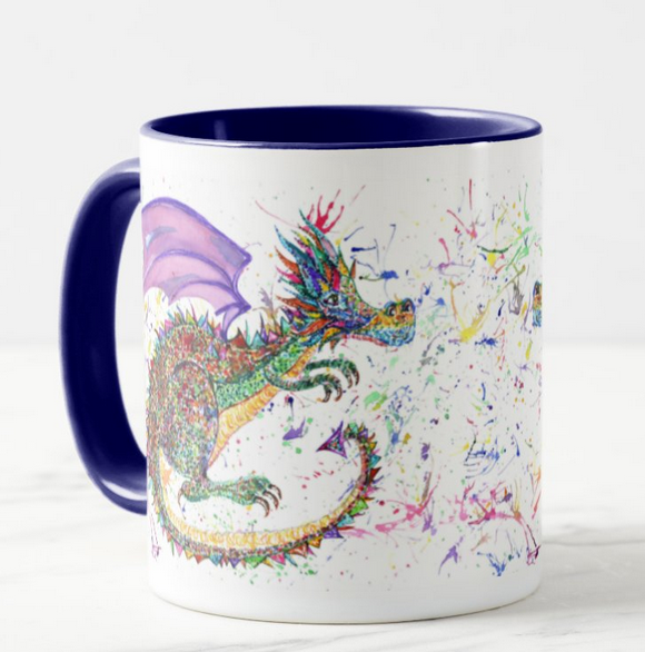 Dragon Green Repile Lizard Watercolour Rainbow Art Coloured Mug Cup