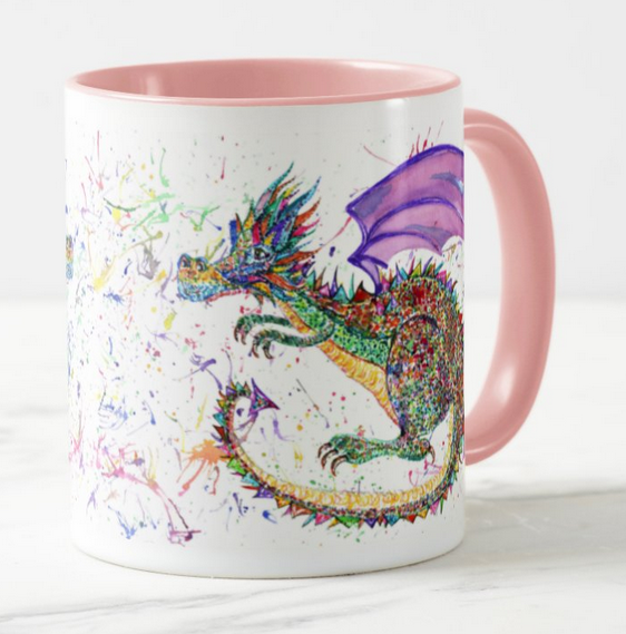Dragon Green Repile Lizard Watercolour Rainbow Art Coloured Mug Cup