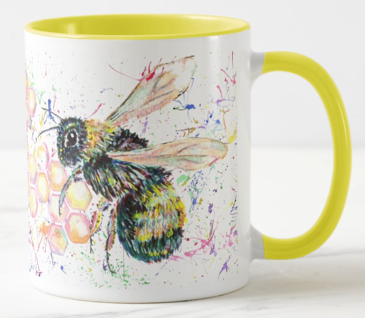 Bee Bees Honey comb Wildlife Insect Animals Watercolour Rainbow Art Coloured Mug Cup