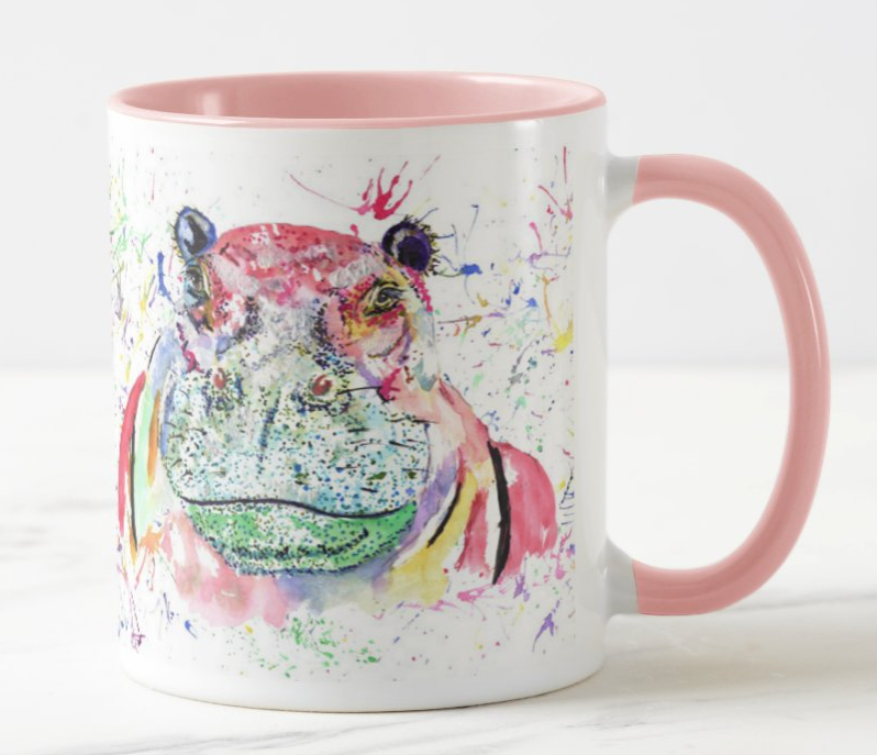 Hippopotamus Hippo Wild Wildlife Safari animals Watercolour Rainbow Art Coloured Mug Cup