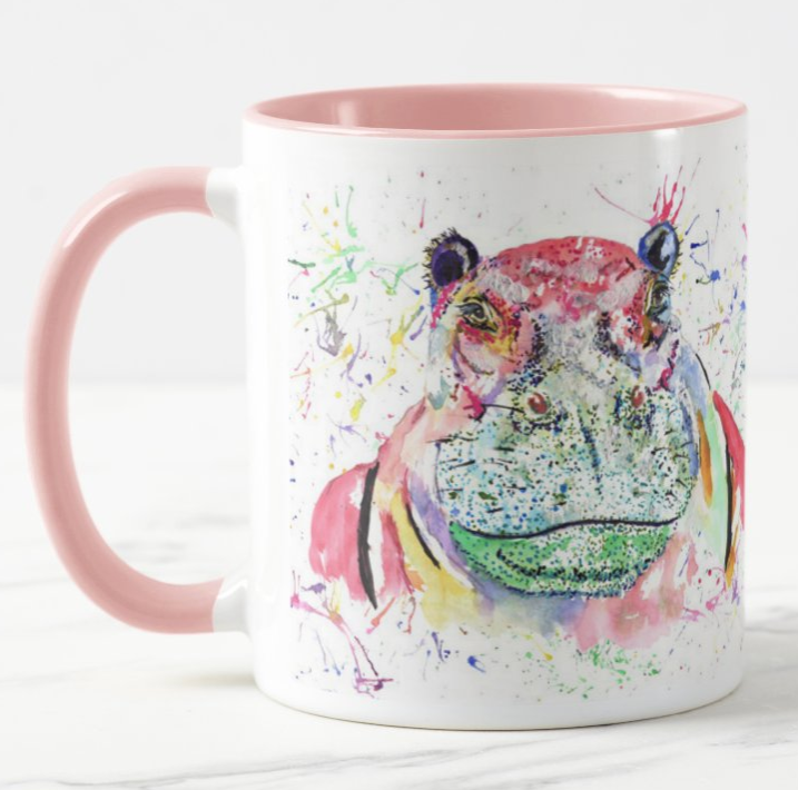 Hippopotamus Hippo Wild Wildlife Safari animals Watercolour Rainbow Art Coloured Mug Cup