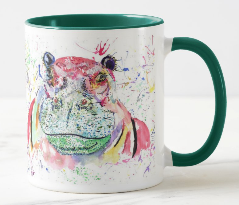 Hippopotamus Hippo Wild Wildlife Safari animals Watercolour Rainbow Art Coloured Mug Cup