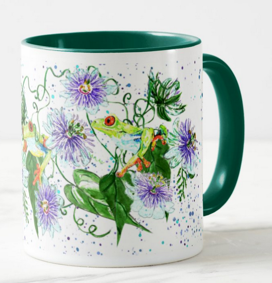 Frog in Flowers Passion flower Amphibians Animals Watercolour Rainbow Art Coloured Mug Cup
