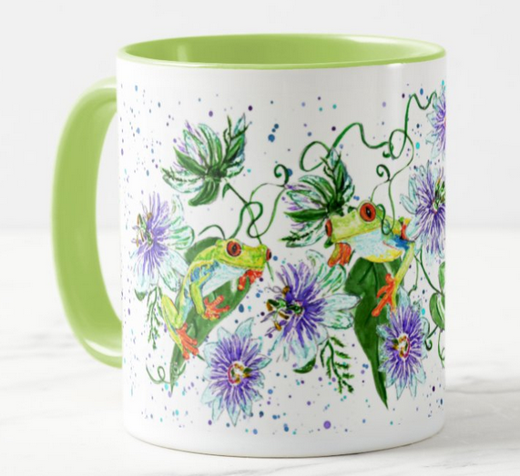 Frog in Flowers Passion flower Amphibians Animals Watercolour Rainbow Art Coloured Mug Cup