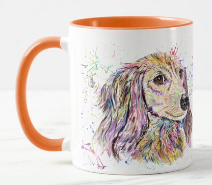 Dachshund Long haired Sausage Wierner Dog Pet Animals Watercolour Rainbow Art Coloured Mug Cup