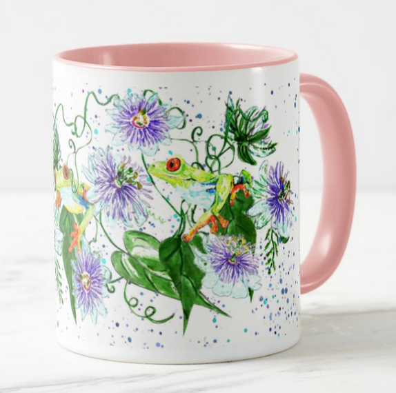 Frog in Flowers Passion flower Amphibians Animals Watercolour Rainbow Art Coloured Mug Cup