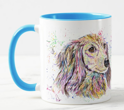 Dachshund Long haired Sausage Wierner Dog Pet Animals Watercolour Rainbow Art Coloured Mug Cup