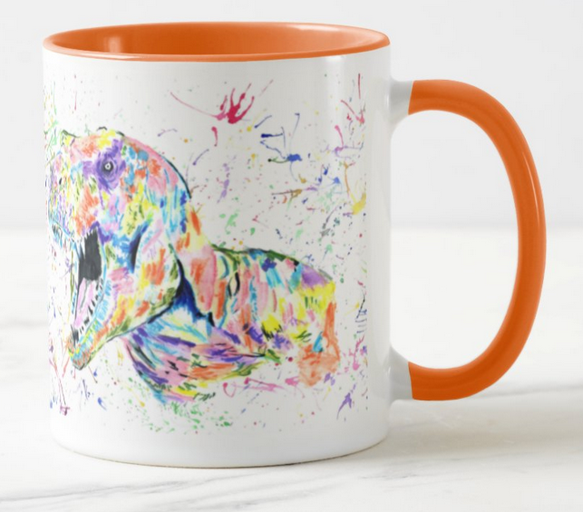 Dinosaur T-Rex Tyrannosaurus Watercolour Rainbow Art Coloured Mug Cup