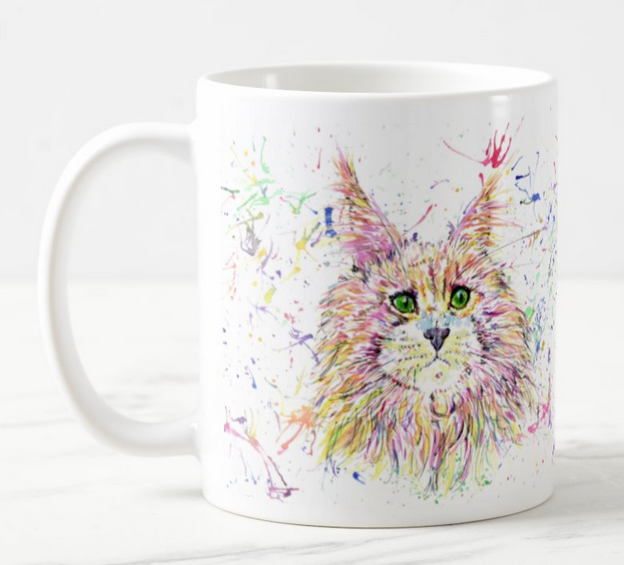 Maine Coon Cat Kitten Feline Animal Watercolour Rainbow Art Coloured Mug Cup