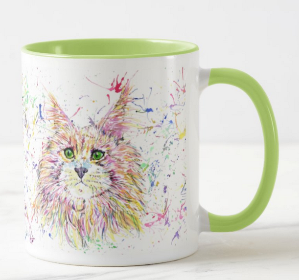 Maine Coon Cat Kitten Feline Animal Watercolour Rainbow Art Coloured Mug Cup