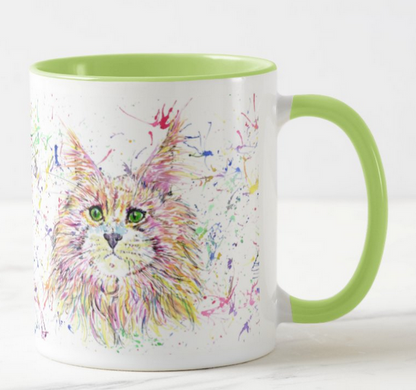 Maine Coon Cat Kitten Feline Animal Watercolour Rainbow Art Coloured Mug Cup