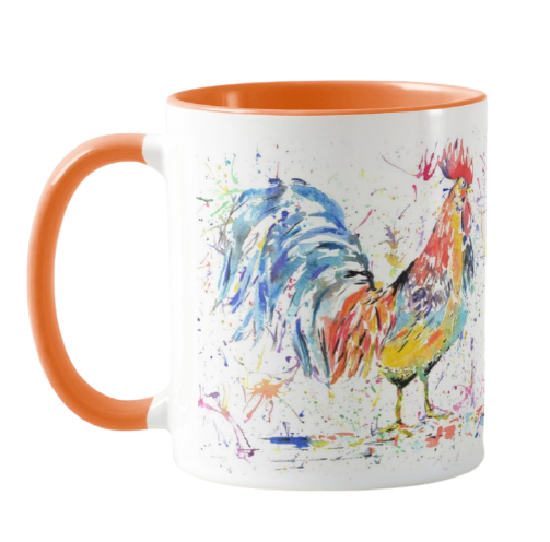 Cockerel Rooster hen Watercolour Rainbow Art Farm Animal Coloured Mug Cup